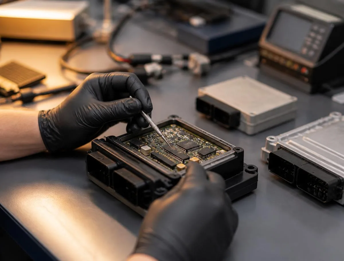 Técnico realizando conserto de central eletrônica de módulo automotivo